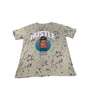 Hustle Bear Graphic Men's XL Beige & Black Splatter Shirt Rise and Grind Rapper
